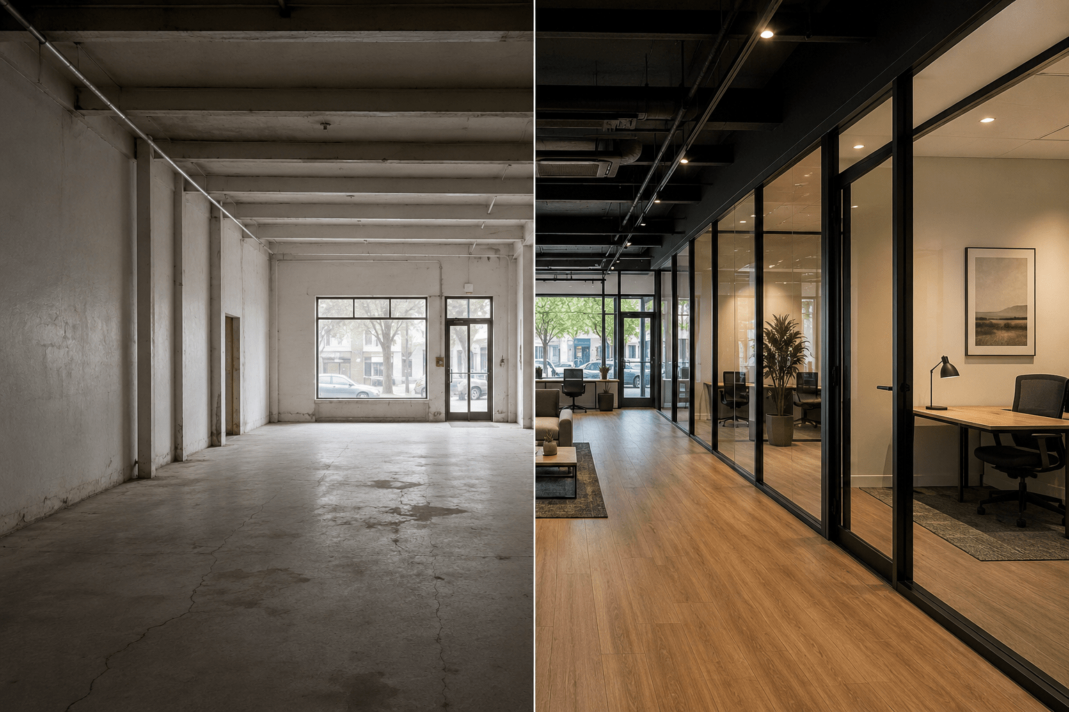 Comparativa entre un local vacío y un espacio transformado en oficinas